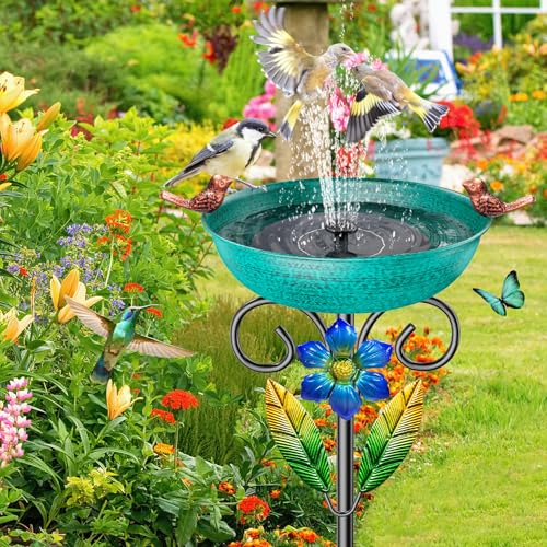 Metal Outside Bird Bath, 42“ Freestanding Garden Birdbath for Outdoor,Green | SHUONIVS Bird Baths Feeder Bowl Detachable Decoration Spa Birdfeeder forPatio Yard Lawn Decor, 10" Dia Bowl with Stake - style: Retro Green
