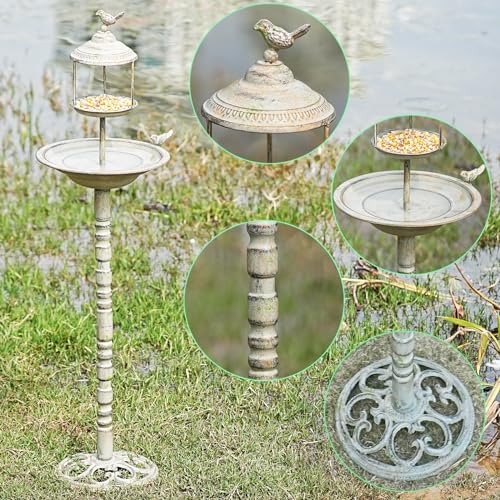 44.5" H 2 in 1 Metal Bird Bath, Standing Bird Feeder Garden Yard Decor | 2-in-1 weatherproof metal bird bath, functional standing bird feeder, exquisite decor for backyard garden and yard - color: Retro-D