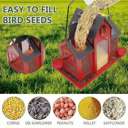 Solar Bird Feeders House for Outside Hanging, Metal Wild Bird Feeder for Outdoors Large Capacity Cardinal Birdfeeder Birdhouses Metal Bird Feeding Station Red - color: red
