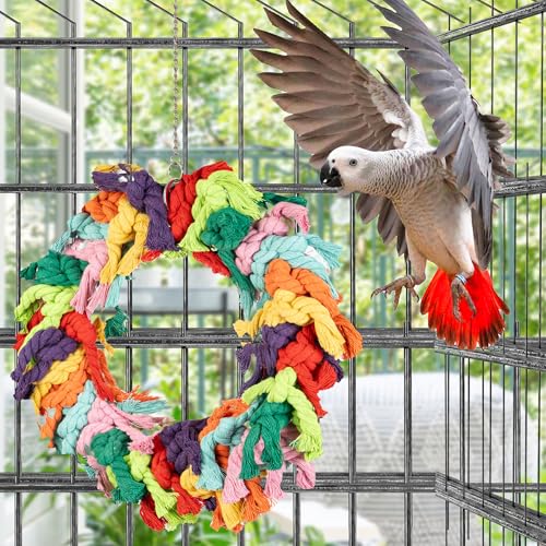 Parrot Swing for Large Birds | Colorful cotton rope hanging ring. Fits African Grey, Cockatoo, Conure, Parakeet. Encourages chewing, exercise, snuggling. - size: Parrot Swing