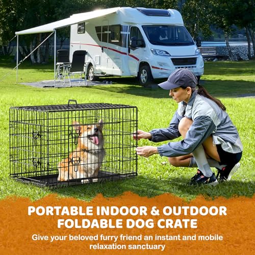 Yaheetech 36in Double Door Metal Dog Crate w/Divider for Puppy Indoor Use | Heavy-duty Sturdy Metal Frame, Easy Assemble, Fold Up for Travel, Removable Tray, Ideal for Puppies, Small to Medium Dogs - size: 36" L