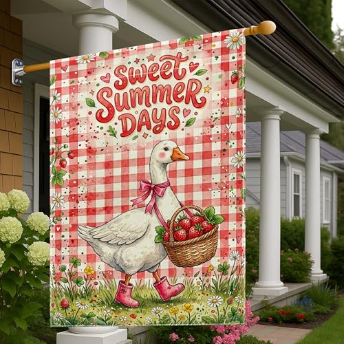 Goose House Flag, Summer Playful Strawberries Basket Summer Red Double Sided Burlap Front Porch Decorative Flags for Outdoor Patio Yard Lawn Entrance Balcony 28x40 Inch - size: 28x40 Inch