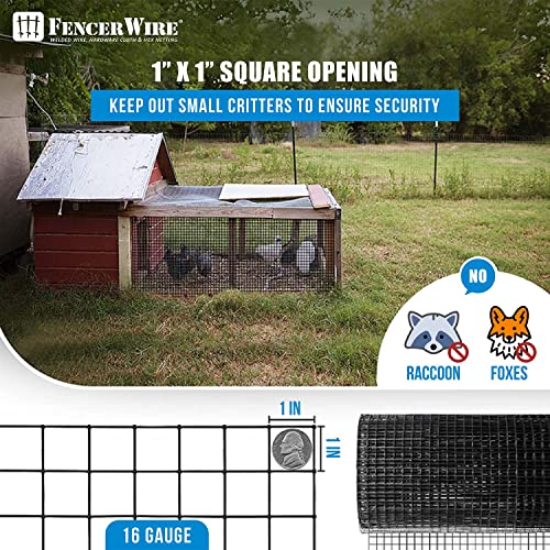 Fencer Wire 16 Gauge Black Vinyl Coated Welded Wire Mesh Size 1 inch by 1 inch for Home and Garden Fence, Protect Chickens Rabbits and Farmed Animals (c. 3 ft. x 50 ft.) - size: c. 3 ft. x 50 ft.
