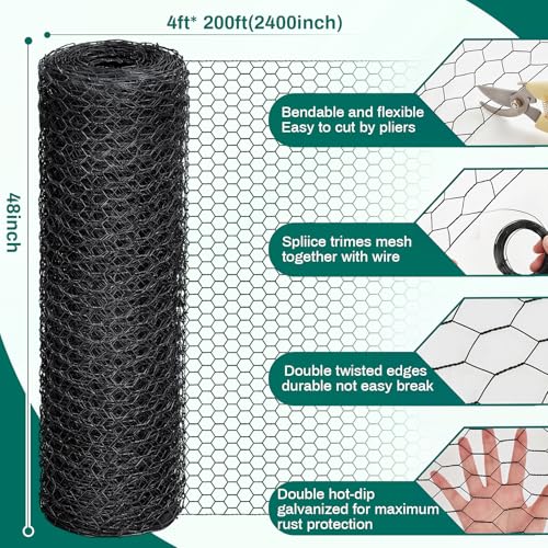 GlikCeil 48 in X 200 ft Chicken Wire Fencing Mesh, Metal Floral Chicken Wire for Floral Arrangements, 0.6 Inch Hexagonal Galvanized Poultry Netting for Garden, Coop Barrier, Duck Rabbit Cage(Black) - color: Black, size: 48 in X 200 ft