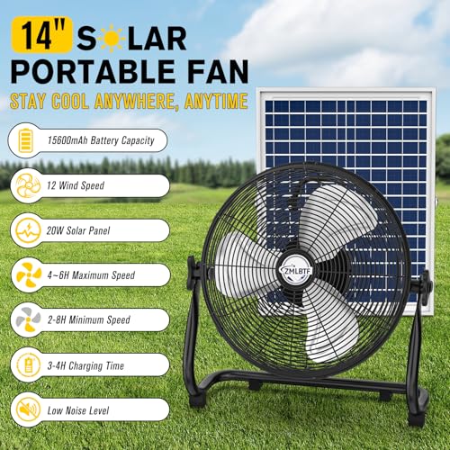 14" Solar Powered Fan with 20W Detachable Solar Panel, Black | Built-in Rechargeable Battery, Portable, 12 Speed, 360° Tilt for Outside, Camping, Greenhouse, Chicken Coop, Patio, gazebo - color: 14" Black
