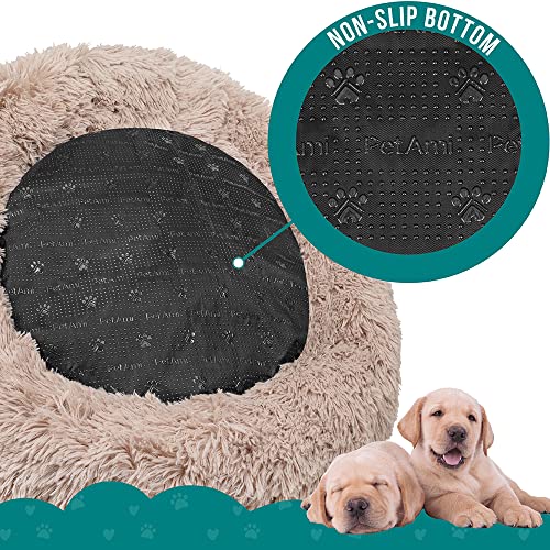 PetAmi Calming Donut Dog Bed, Washable Faux Fur, 23 Inch Small, Taupe | Warm Shaggy Faux Fur and A Deep Nest Help Anxious Pets Curl Up and Sleep Soundly. Perfect for Puppies, Cats, and Rescues. - color: Taupe, size: Small - 23"