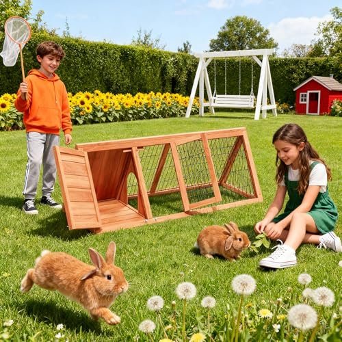Rabbit Hutch Bunny Cage Indoor Outdoor for Chickens, Quails, Ducks | Small Poultry Enclosure, Ventilating Wire Fence, Pull-Out Tray, A-Frame Design, Waterproof Roof - color: Natural Wood