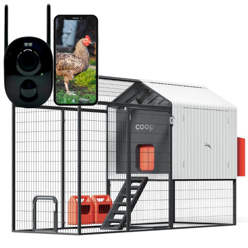 Smart Coop with Steel Run – Weatherproof, Predator-Proof Chicken Coop with Dual Smart Cameras, Automatic Door, Solar Optional for 4-6 Chickens - size: 102.9"L x 32.0"W x 54.8"H