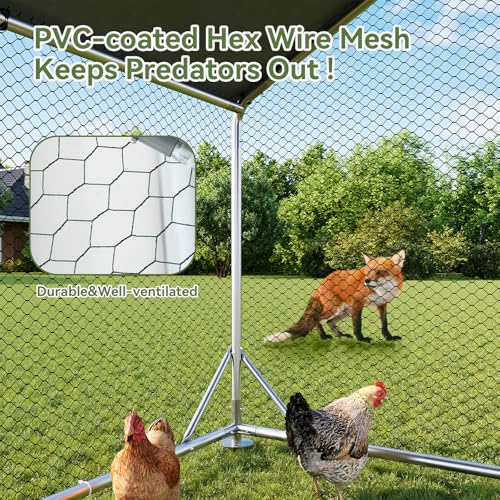 Aoxun Metal Chicken Coop, Outdoor Chicken Runs for Yard with Cover, Spire Roof Hen House Enclosure with Security Lock, Walk-in Cage Peak Hen House for Yard Farm (10x6.5x6.4 FT) - size: 120.0"L x 77.0"W x 76.8"H