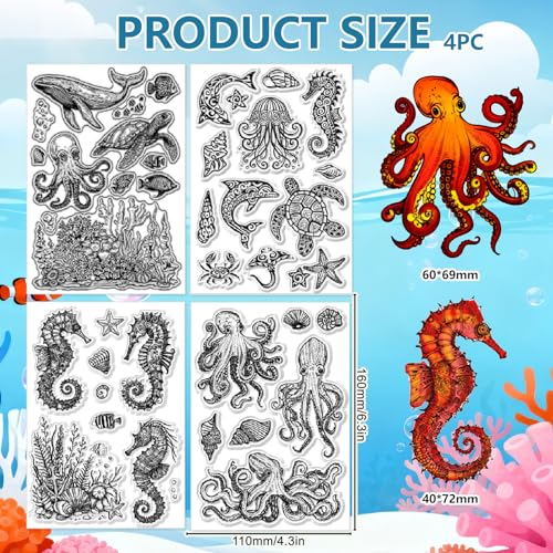 CHGCRAFT 4 Pcs Ocean Theme Pattern Clear Stamps Turtle and Octopus Silicone Stamp Seal for DIY Scrapbooking and Card Making Paper Craft Decor 6.3 × 4.3 Inch - style: Ocean Theme