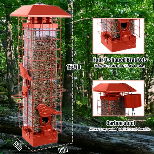 Squirrel Proof Bird Feeders for Outdoors, Metal Wild Bird Feeder for Outside Hanging, 4 Ports Perches, 3LB Large Capacity (Tangerine) - color: Orange