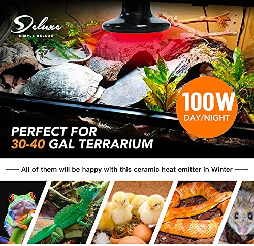 Simple Deluxe 100W Ceramic Heat Lamp Reptile Heat Emitter Heater Lamp Bulb No Light with Free Digital-Thermometer, for Pet Brooder Coop Chicken, Dragon Turtle Lizard Snake Aquarium Tank - size: 1-Pack+Thermometer, style: Black