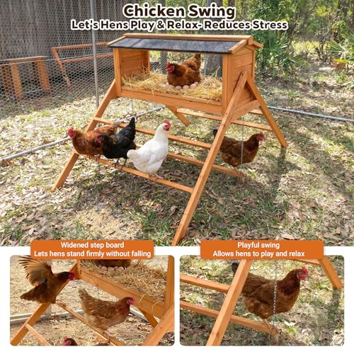 Solid Wood Chicken Coop Accessories with Nesting Box for 4-6 Hens - A-Frame Outdoor Chicken Perch, Weather-Resistant Asphalt Roof, Backyard Chicken Roosting Bars