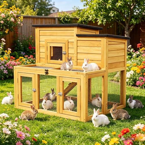 37.8" L Rabbit Hutch Indoor Outdoor for Chickens, Ducks, Quails | 2-Story Pet House, Ventilation Door, Waterproof Asphalt Roof, Non-Slip Ramp, Openable Top, Pull-Out Cleaning Tray - color: Wood