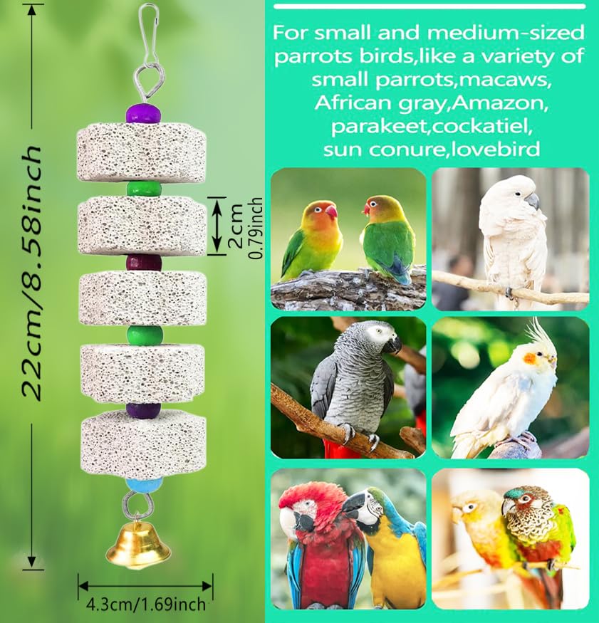 2Pcs Bird Beak Grinding Stone, Mineral Block for Birds, Chewing Toy | Easy Hanging African Grey Toys with Bells, Lava Block Calcium Supplement Food for S/M Birds Cockatiel Hamster Chinchilla