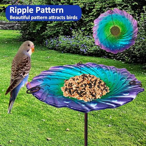 Glass Bird Bath for Outside, Standing Birdbaths with Metal Stake-Colorful | Bird Bath, Birdbaths for Outdoors Bird Feeders Bowl, Ripple Bird Baths Outdoor Décorations, Small Birdbath Bowl - color: Standing Ripple Colorful