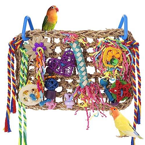 Bird Toys, Bird Foraging Shredding Toys for Parrot Parakeet Seagrass Woven Mat Chew Toys Hanging Hammock Toy for Lovebirds, Conures, Cockatiel, Finch and Small Birds (Hammock Wall) - style: Hammock Wall