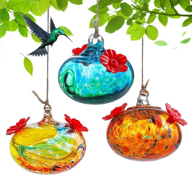 Glass Bird Feeder with Flower Decoration – Hanging Outdoor Bird Feeder for Garden, Patio,Backyard(Green) - color: Green