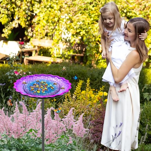 Bee Butterflies Watering Station, Standing Bee Feeder with Glass Marbles for Outside, Bee Bath Feeder with Metal Stakes Butterfly Puddler Garden Yard Déco (Purple) - color: Purple