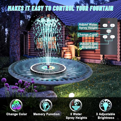 Remote Control Solar Water Fountain, 2026 Upgrade 6W Solar Bird Bath Fountain Pump with 3 Spray Heights, 3 Brightness,4000mAh Battery, LED Lights, for Hummingbird,Garden, Pond, Pool, and Patio