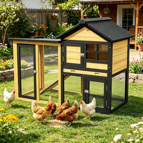 Wooden Chicken Coop with Run, Outdoor Hen House Poultry Hutch with Removable Tray & Ramp, Wire Fence, Weatherproof Roof, for Backyard 2-3 Chickens - color: Yellow