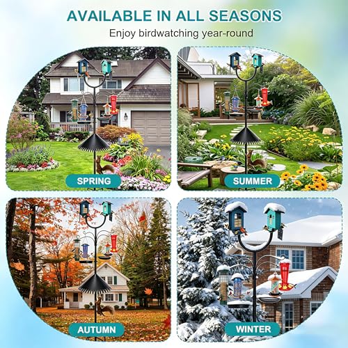 Squirrel Proof Bird Feeder Pole, Dual U-Shape 92" Adjustable Heavy Duty Stand, Multi-Purpose Outdoor Bird Feeding Station & Yard Decor, Includes Hooks, Trays, Baffle & Base