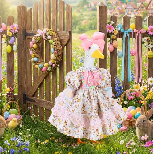 Abbylike 1 Set Easter Bunny Porch Goose Outfit Rabbit Yard Goose Costume Clothes with Bow Headband Fits Large 23'' H Cement for Easter Day Outdoor Patio Garden Lawn Pathway Spring Statue Decor - style: Cute