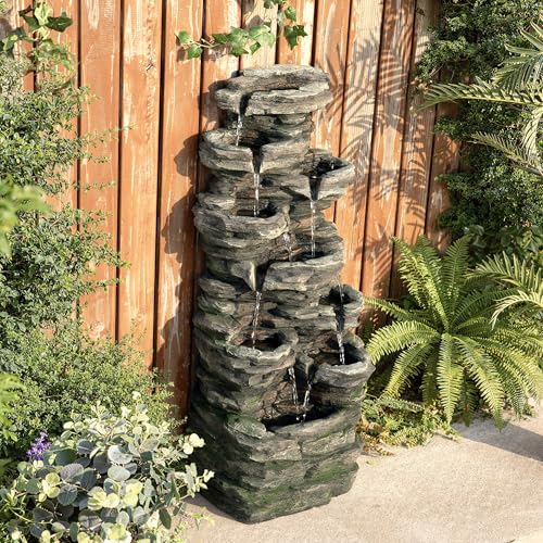 Glitzhome Outdoor Water Fountain, 9-Tiered Rock Floor Fountain with Cascading Water, 39.25" H Polyresin Waterfall Fountain with Pump and LED Light Outdoor Water Feature for Garden Yard Patio Porch - color: 9-tiered Rock