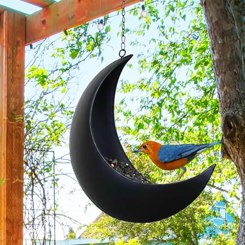 Hanging Moon Bird Feeder – Unique Metal Bird Feeders for Outdoors, Black Rust-Resistant, – Wild Bird Feeder for Bluebirds, Cardinals, Finches, and Backyard Birdwatching (Black) - color: Black