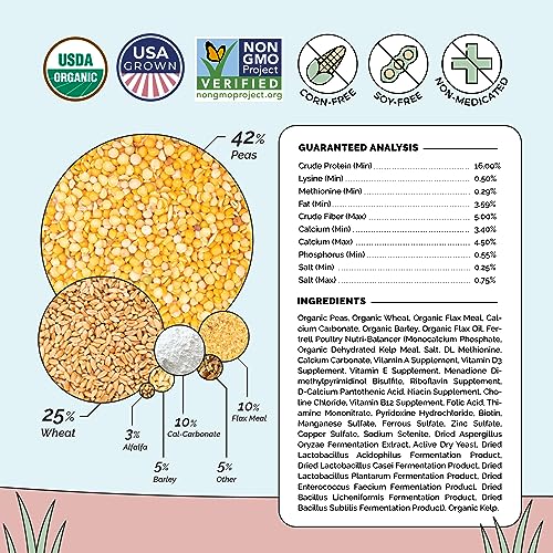 Mile Four Organic Chicken Feed, Layer Whole Grain, Non-GMO, US Grown 23 lbs | 16% Protein; Corn & Soy-Free; USA Grown; Non-Medicated; No Fillers or Additives; Supports Egg Production; Family Farm Sourced - size: 23 Pound (Pack of 1), style: Whole Grain