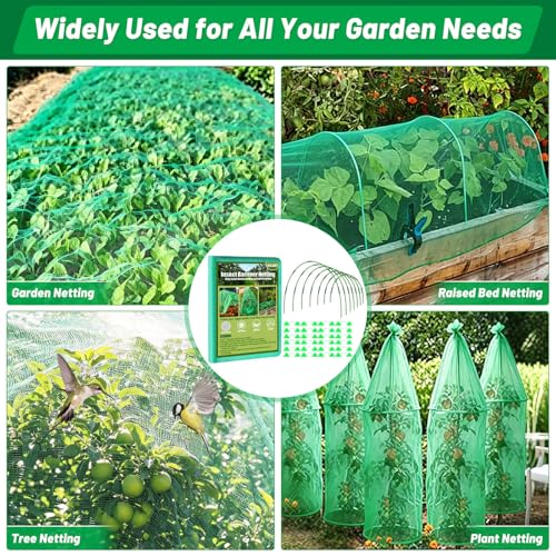Garden Mesh Netting Kit, 7 Sets Garden Hoops with 10x30 ft Garden Covers | Bird Netting with 12 Clips, Garden Protection for Raised Beds Greenhouse Vegetable Plants Flowers - color: Green