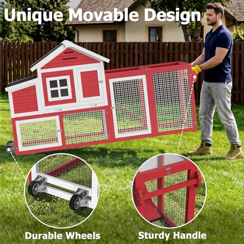 Chicken Coop with Run, Mobile Chicken Coop with Wheels for 4-6 Chickens, Large Outdoor Hen House with Nesting Box, Weatherproof Asphalt Roof, Pull-Out Tray for Small Animals in the Backyard - color: Red