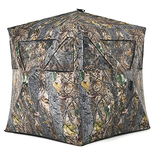 Tangkula 3 Person Pop up Ground Blind, Portable Hunting Blind with Mesh Windows, Carrying Bag & Ground Stakes, Camouflage Hunting Tent with Hub System, Camo Deer Blinds for Hunting - style: Triangular window