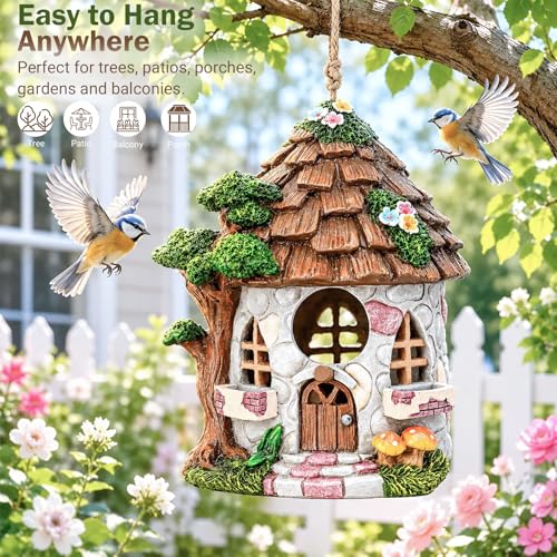 Yinns Resin Bird House for Outside, Decorative Wild Bird Houses for Garden | Birdhouses for outdoors wild bird nesting, decorative stone waterproof bird houses for backyard garden decor - color: A-Stone House