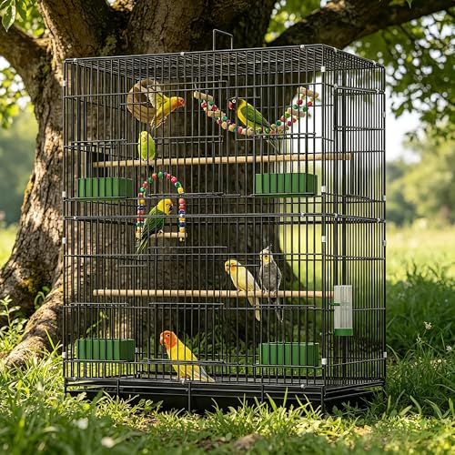30-inch Folding Parrot Medium Bird Cage, Hanging Bird Cage for Parakeets Finches Canaries Lovebirds Cockatiels Budgies Small Quaker Conures Travel Pet Flight Birdcage with Swing and Perch