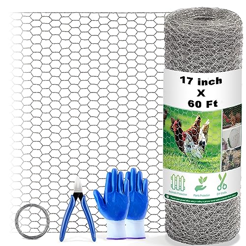 Chicken Wire Fencing Mesh, 17 Inch x 60 Feet Metal Floral Chicken Wire Fence for Crafts Poultry Garden, 0.6 Inch Hexagonal Galvanized Hardware Cloth Netting for Chicken Coop Barrier Rabbit Cage - size: 17in x 60ft