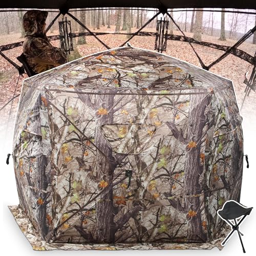 Extra Large Hunting Blind 4 Person with Portable Hunting Chair, 288 Degree See Through Pop up Ground Blinds for Deer Turkey Duck Hunting, Bow Hunting Adjust Windows with Silent Zipper - color: White