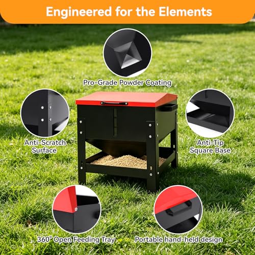 Metal Chicken Feeder 80 LBS Large Capacity, Automatic Poultry Feeder for Dry Feed with Weatherproof Lid and Handle, Heavy-Duty Metal Gravity Feed Dispenser for Outdoor Coop, Chickens, Ducks