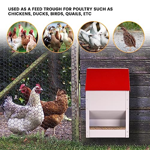 Galvanized Wall Mount Chicken Feeder No Waste Hanging Chicken Feeder with Lid Weatherproof Metal Automatic Poultry Feeder Trough Food Dispenser for Outside Coop (10 lbs)