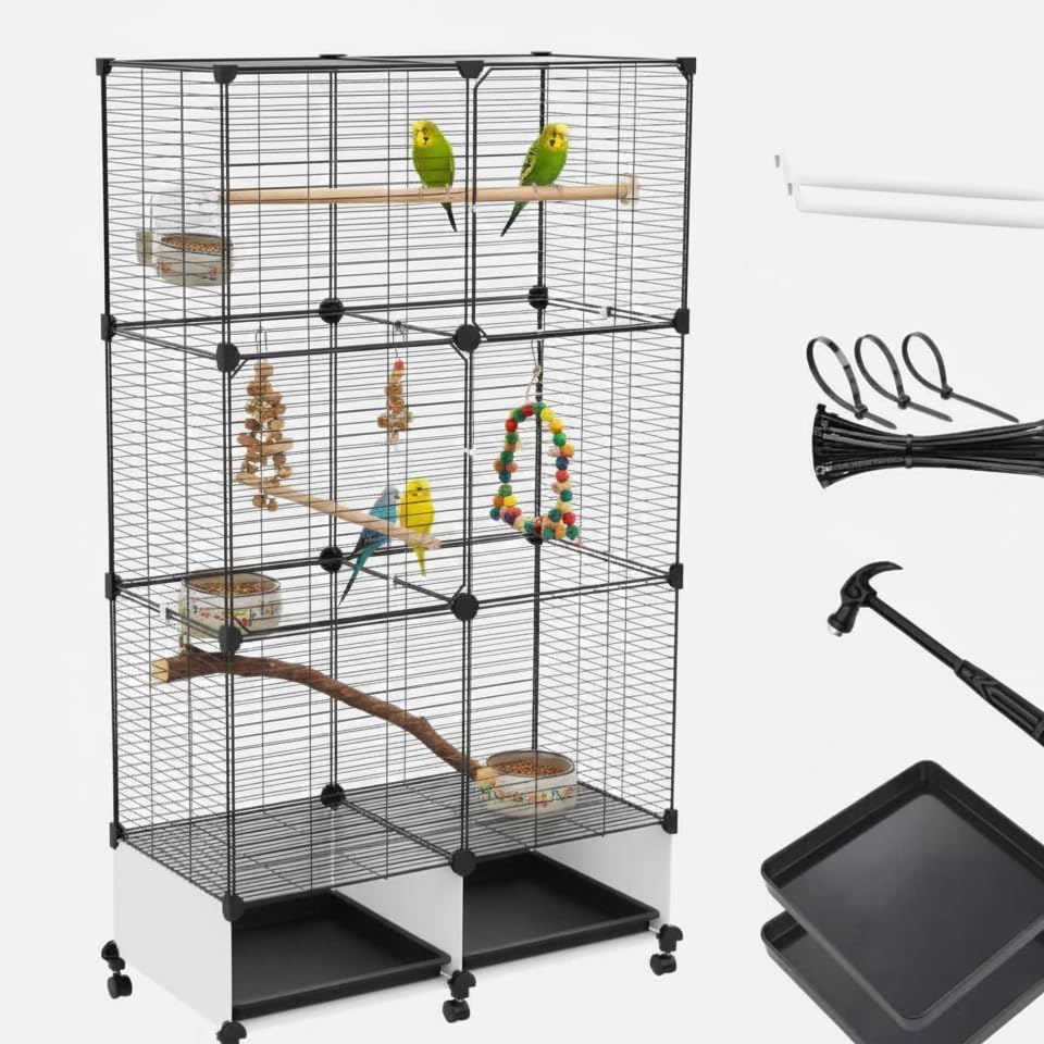 Lightweight Bird Cage with Removable Tray and Adjustable Perch – Portable Small Animal Cage with Single Lockable Door, Easy to Clean & Move for Parakeets, Cockatiels, Parrots, and Finches-L