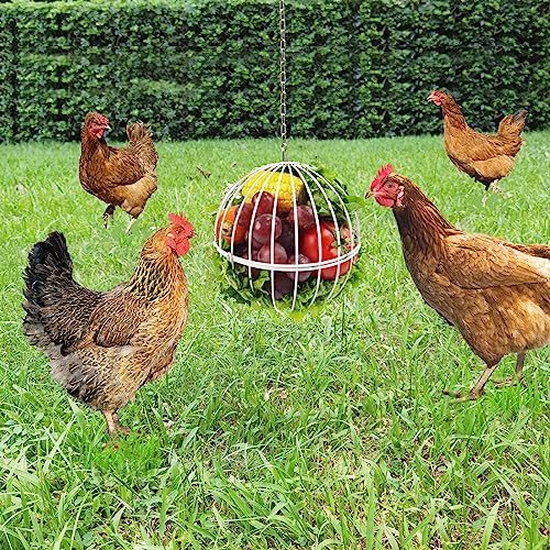 Hanging Chicken Feeder 7.1 Inch Chicken Veggie Treat Ball 1PCS White | Large IronSturdy Chicken Treat Holder with 15.7 Inch Hanging Chain - color: White