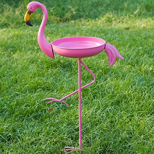 41 in Tall Flamingo Outdoor Bird Bath, Metal Bird Bath Bowl, Bird Feeder or Drinker Plate with Metal Stake, Home Garden Lawn Yard Decorations (Pink) - color: light pink