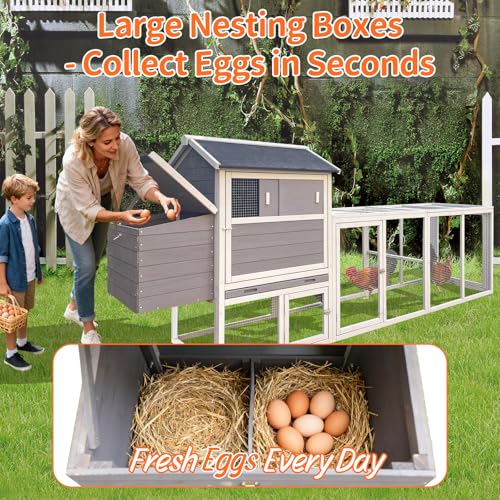 113inch Chicken Coop, Large Wooden Chicken Coop with Nesting Boxes & Run Cage for 3-6 Chickens, Outdoor Hen House Poultry Hutch Rabbit Cage with No-Slip Ramp & Pull-Out Tray for Backyard Farm (Gray) - color: Gray