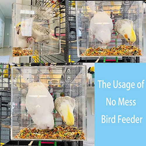 No Mess Bird Feeder for Cage - Automatic Bird Feeder Transparent Food Container Acrylic No Spill Cage Seed Catcher with Stainless Steel Hooks for Parrot Parakeet Cockatiels Lovebirds - size: Large-6.4 Inch x 6.4 Inch