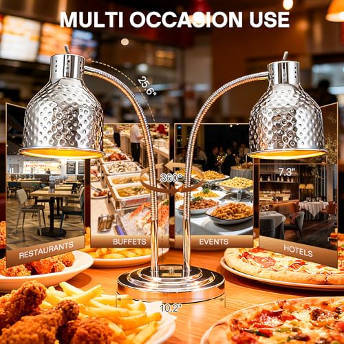 2-Head Food Heat Lamp, 500W Commercial Food Warmers, Silver | Keep Food Warm, Adjustable Heads, Portable Heat Lamp for Food, Food Warmers for Parties Buffet, Restaurant, Kitchen, Catering - color: Silver