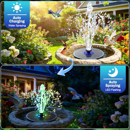 SZMP 3.5W Upgraded Glass Panel Solar Fountain with RGB Night Show, Anti-Drift Fixer & 7 Nozzles, Strong Floating Bird Bath Fountain for Garden, Pond, Outdoor (Blue) - color: Blue