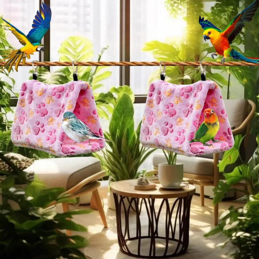 2 Pack Bird Nest Plush Snuggle Bird Hammock Hanging Bird Cave Parrot Sleeping Bed Shed Hut Hanging Tent for Budgies Finch Parakeet Cockatiel Cockatoo Lovebird-Foot Pattern (Pink&Purple) - color: Pink&Purple(Foot Print)