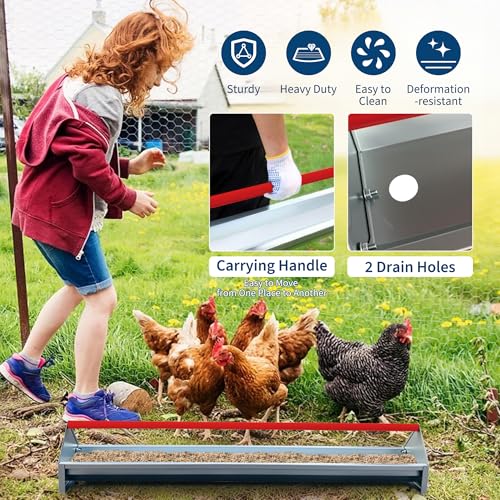 45" Chicken Trough Feeder, 5 Gallon Galvanized Steel Feed Trough with Drainage Holes & Red Crossbar | Heavy Duty, Rust-Proof Metal Duck Chicken Feeder Red - color: Red