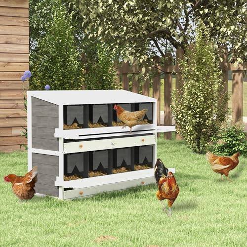PawHut Chicken Nesting Box Wooden for 16-32 Chickens, 8 Compartments, Gray | Roll Out Lay Nesting Boxes, 2 Egg Collection Trays, 4 Perches, for Chicken Coop, Chicken Run