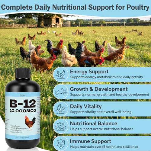 Vitamin B12 Liquid for Poultry, 10000 MCG Nutritional Supplement for Chickens, Supports Daily Vitality & Development, Liquid Vitamin Feed Additive for Hens, Roosters, Ducks, Geese & Turkeys